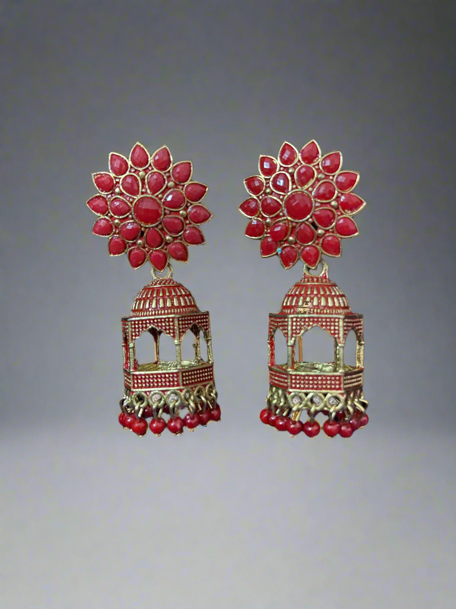 Red floral temple jhumkas