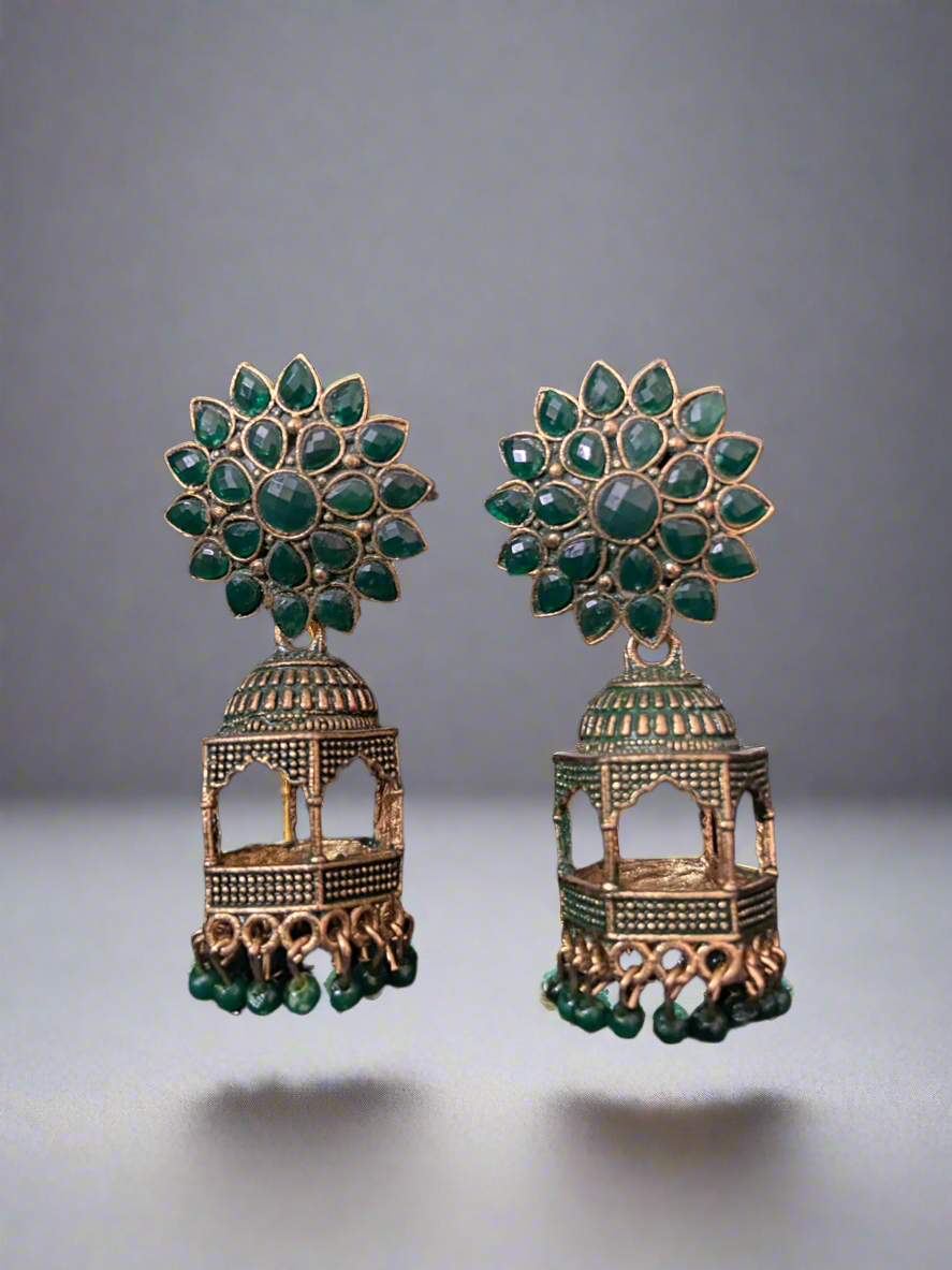 Green temple floral jhumkas