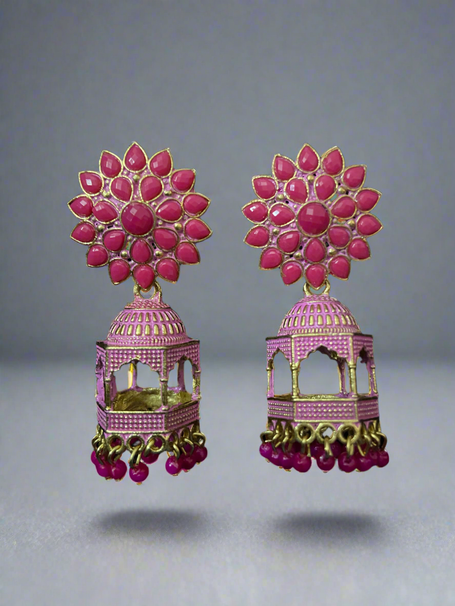 Pink temple floral jhumkas