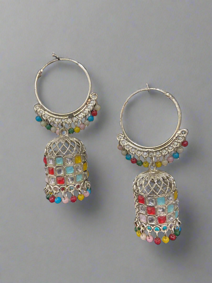Multicolor hooped earrings with bell shaped dangles