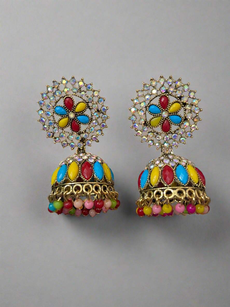 Multicolored floral pearl jhumkas