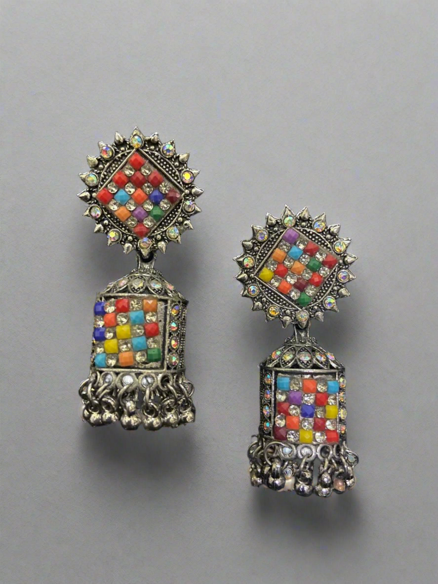Oxidised earrings with multicolor stones