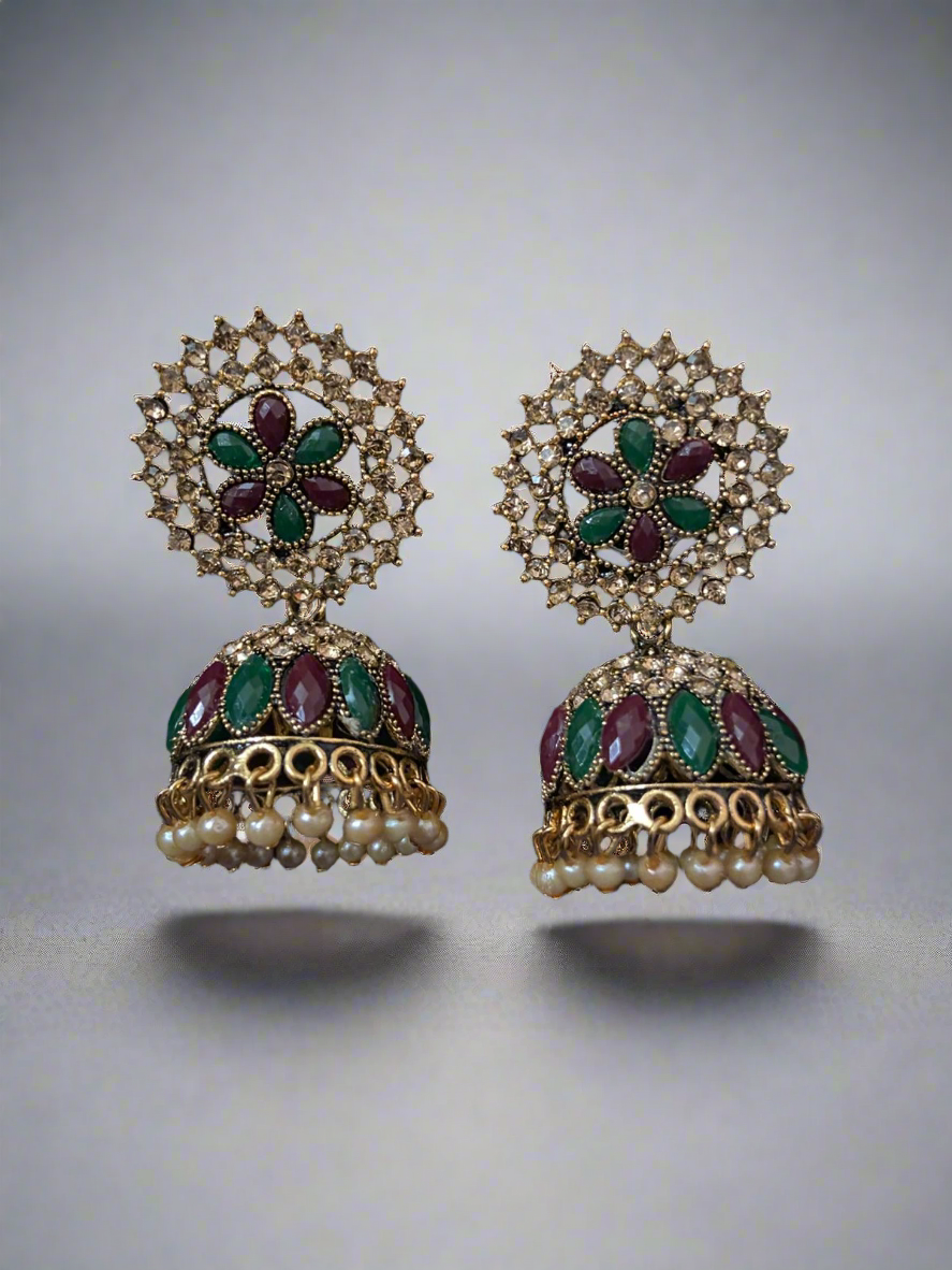 Multicolored floral pearl jhumkas