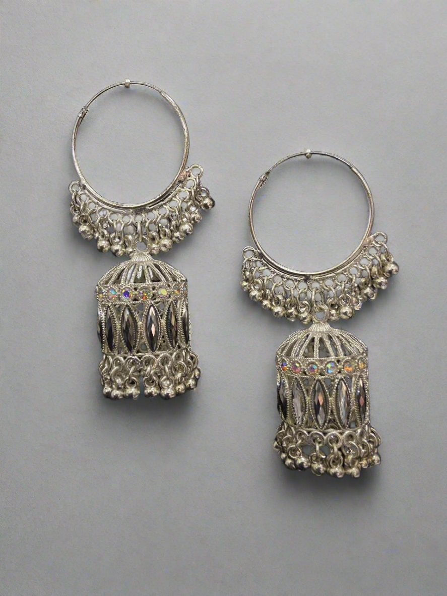 Hoop earrings with bell shaped dangles