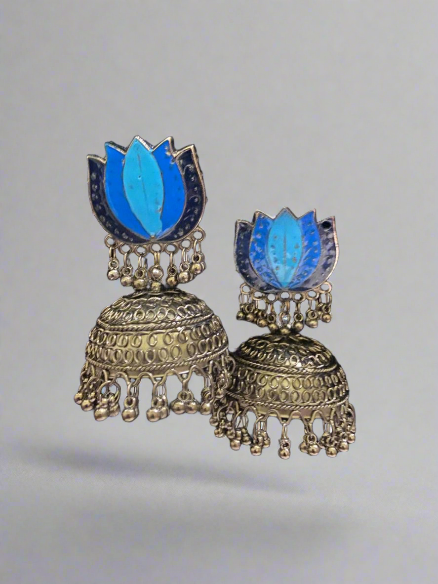 Oxidised lotus jhumkas