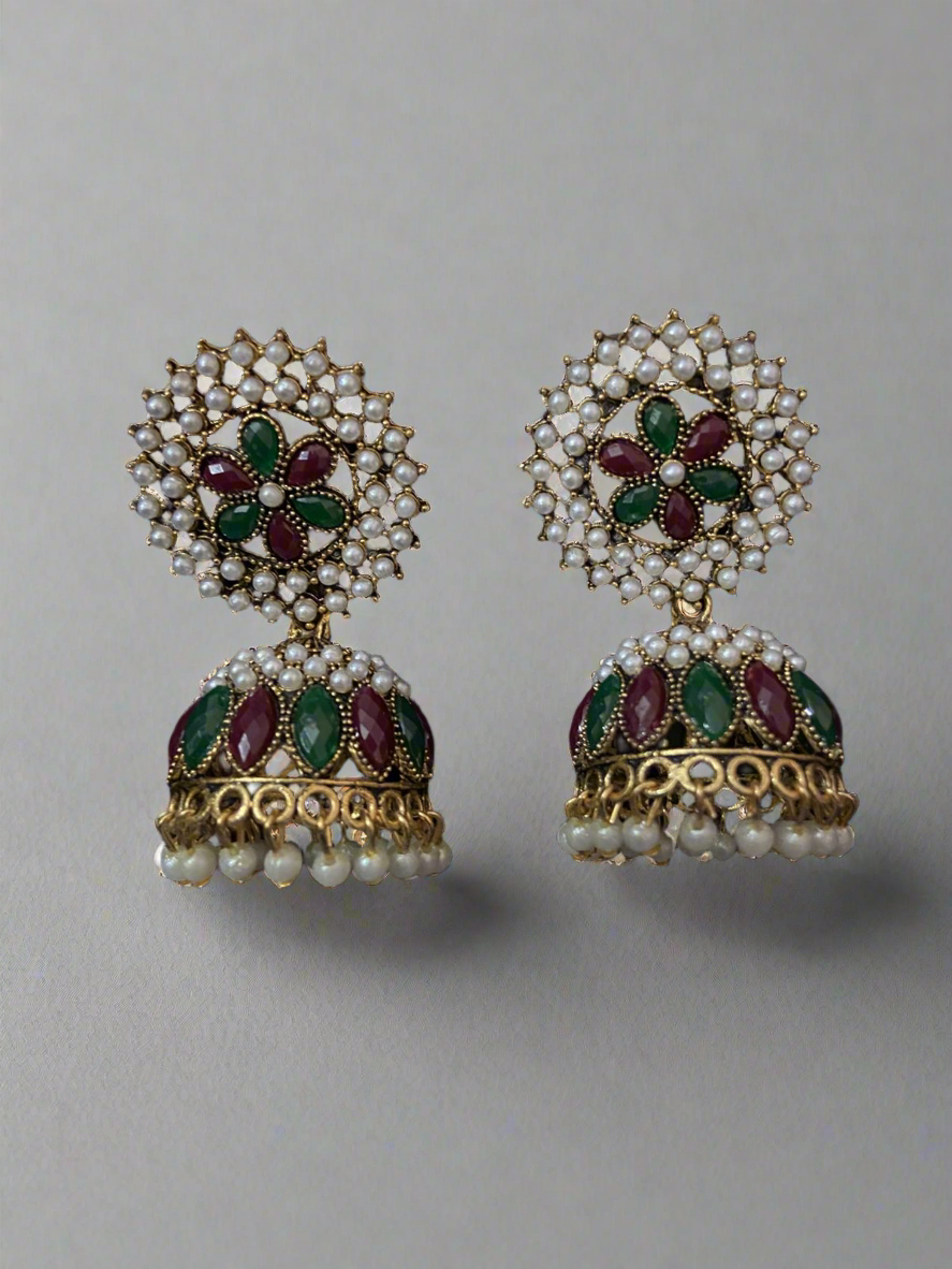 Multicolored floral pearl jhumkas