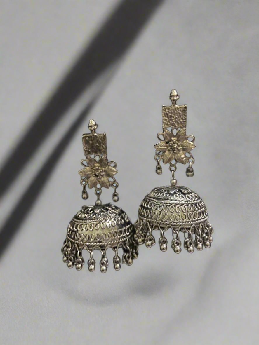Oxidised floral dome jhumkas